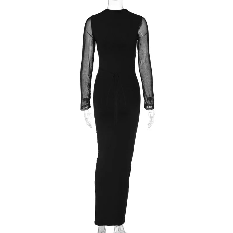 Robe longue moulante en maille à manches longues et ajourée pour femme, tenue sexy à col en V, tenue de soirée et de club