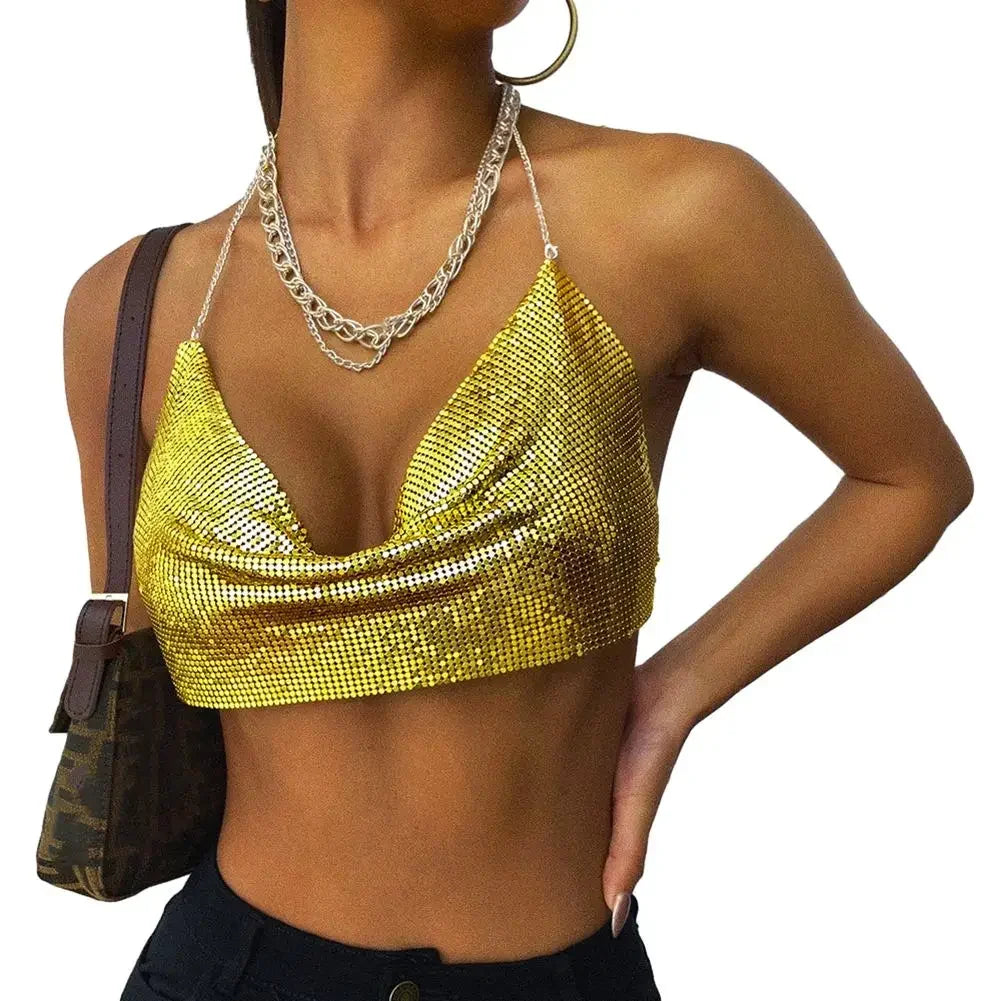 Sexy Crop Top Nightclub Low-Cut Backless Metal Chain Deep V Plunging Neckline Top For Women Summer Party Club Wear Tank Top