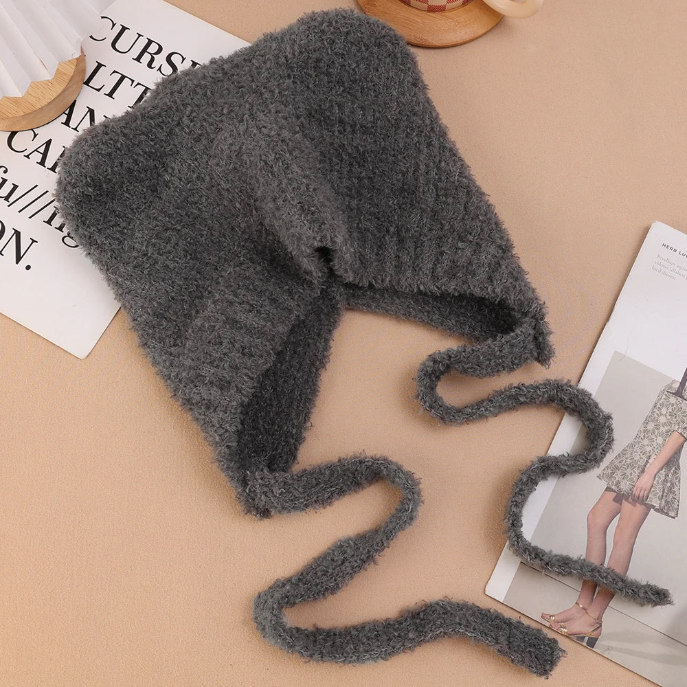 Winter Plush Beanies Cute Bear Ear Wool Hat Warm Lace-up Ear Protection Knitted Bomber Cap Bonnets Knitting Korea Women Gorros