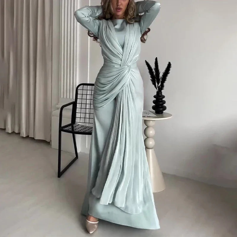 Elegant O Neck Fashion Tie-up High Waist Slim Party Dress Wome Solid Color Wrinkles Lady Chic Evening Gown 2025 Women Clothing