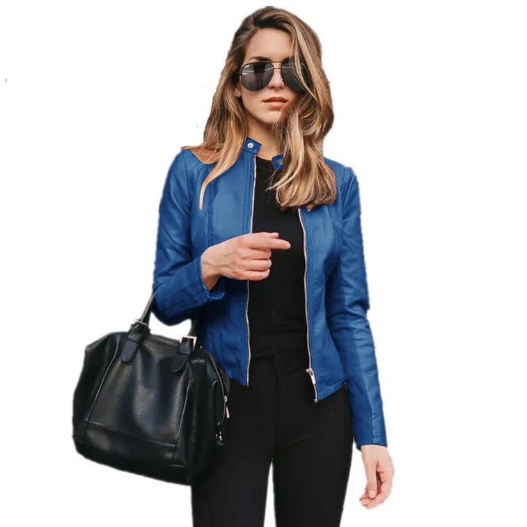 Veste en cuir synthétique de couleur unie pour femmes, automne et hiver 2024, veste en cuir PU à la mode pour femmes