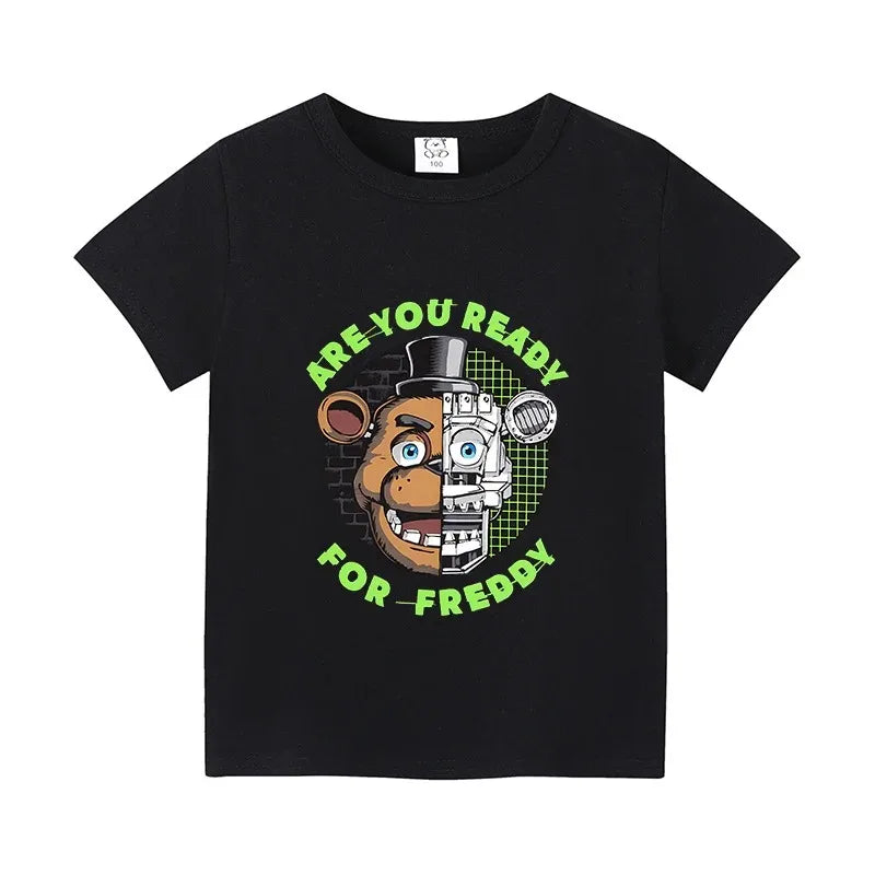 Fnafs T-shirt for Children Five Nights Freddys Short Sleeve Shirt White Black Tee Anime Printed Clothing Kid Gift for Boy Girl