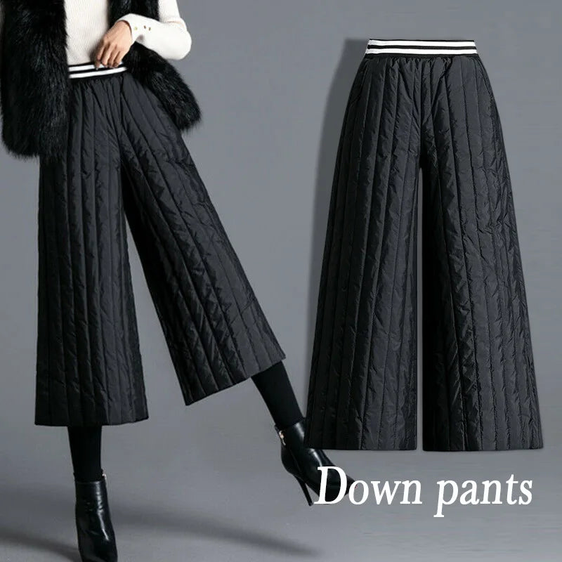 Women's Culotte Pants Oversized Wide Leg Trousers Winter Outer Wear Thick Warm Padded Quilted High Waist Pants