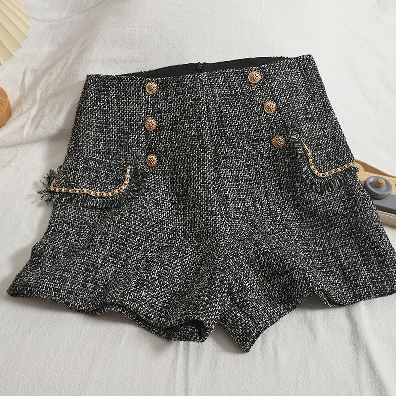 HELIAR Women Casual Office Shorts Tweed High Waist Shorts Buttons A-line Shorts Female Chic Trousers 2024 Spring Summer