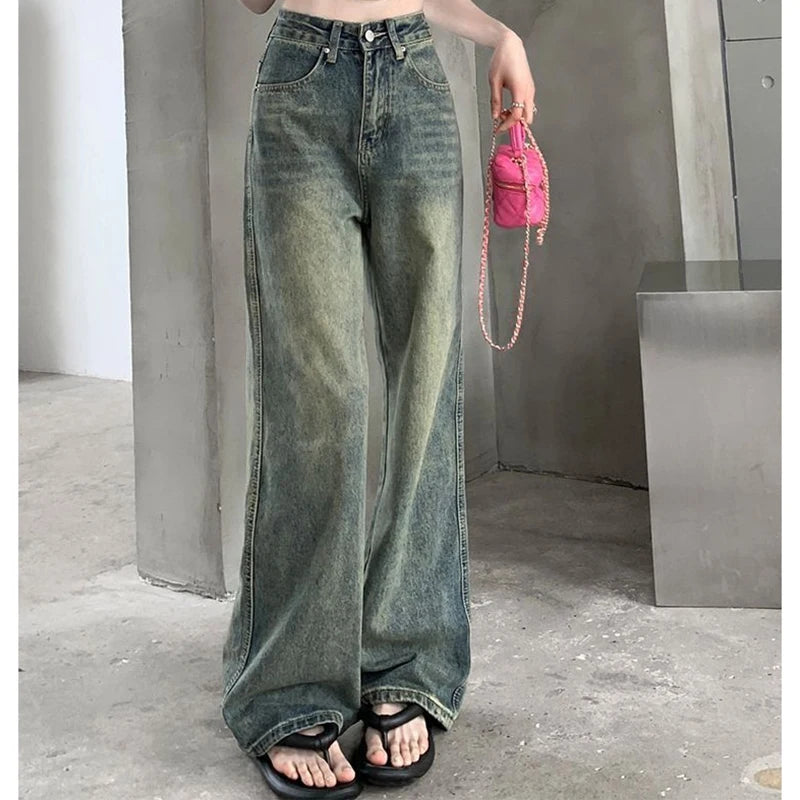 Woman High Waist Streetwear Thicken Flare Jeans Female Y2k Clothes Elegant Thermal Pants Girls Gothic Blue Yellow Denim Trousers