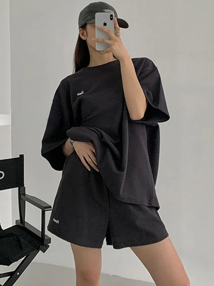 Sporty Style Sets Women BF Leisure Unisex Simple T-shirts Basic Loose Shorts Students Streetwear Couple Harajuku Summer Fashion