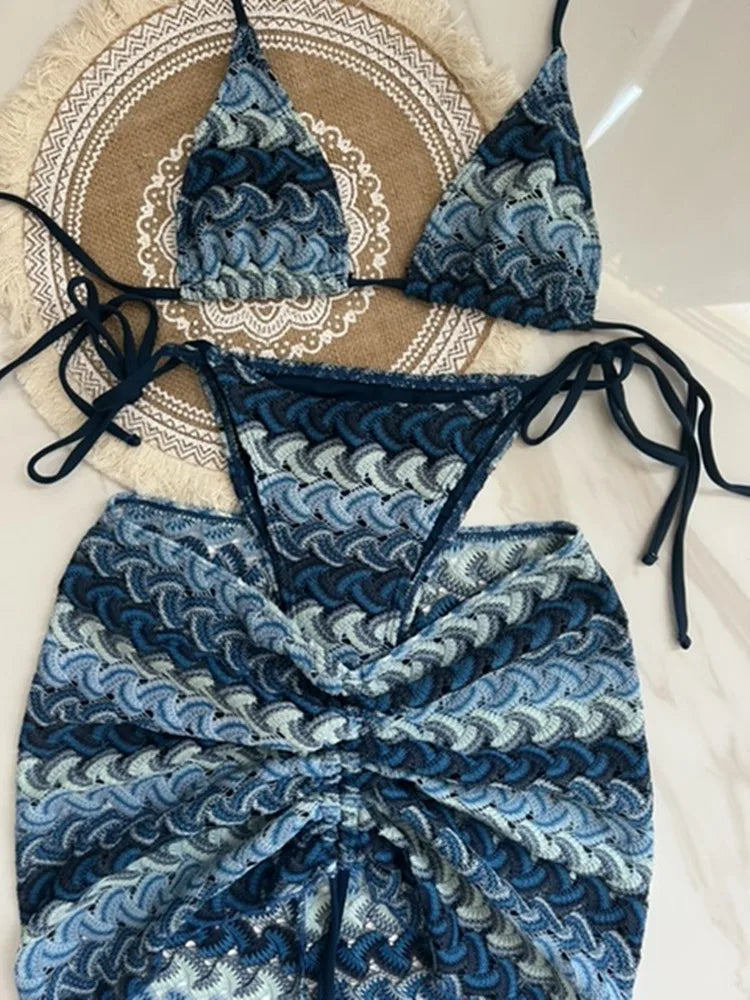 Maillot de bain pour femme, jupe de bikini tricotée à feuilles d'érable colorées, ensemble trois pièces, maillot de bain fendu, bikini