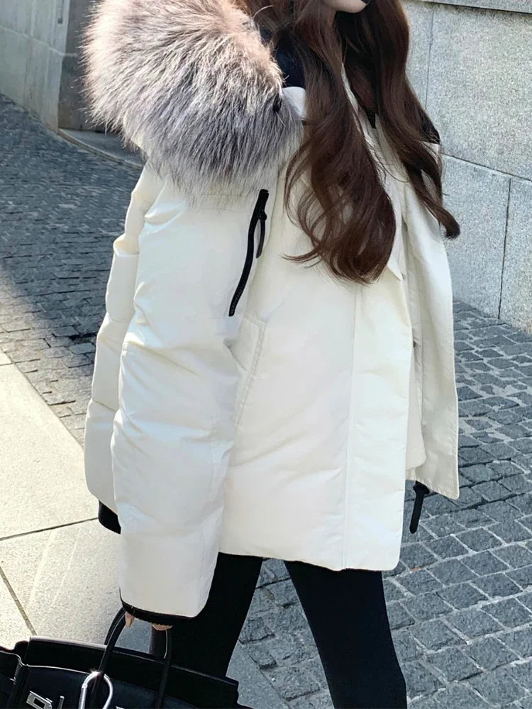 Manteau d'hiver blanc élégant et chaud pour femme, veste à capuche décontractée à fermeture éclair solide, style coréen, simple, vintage, parka,