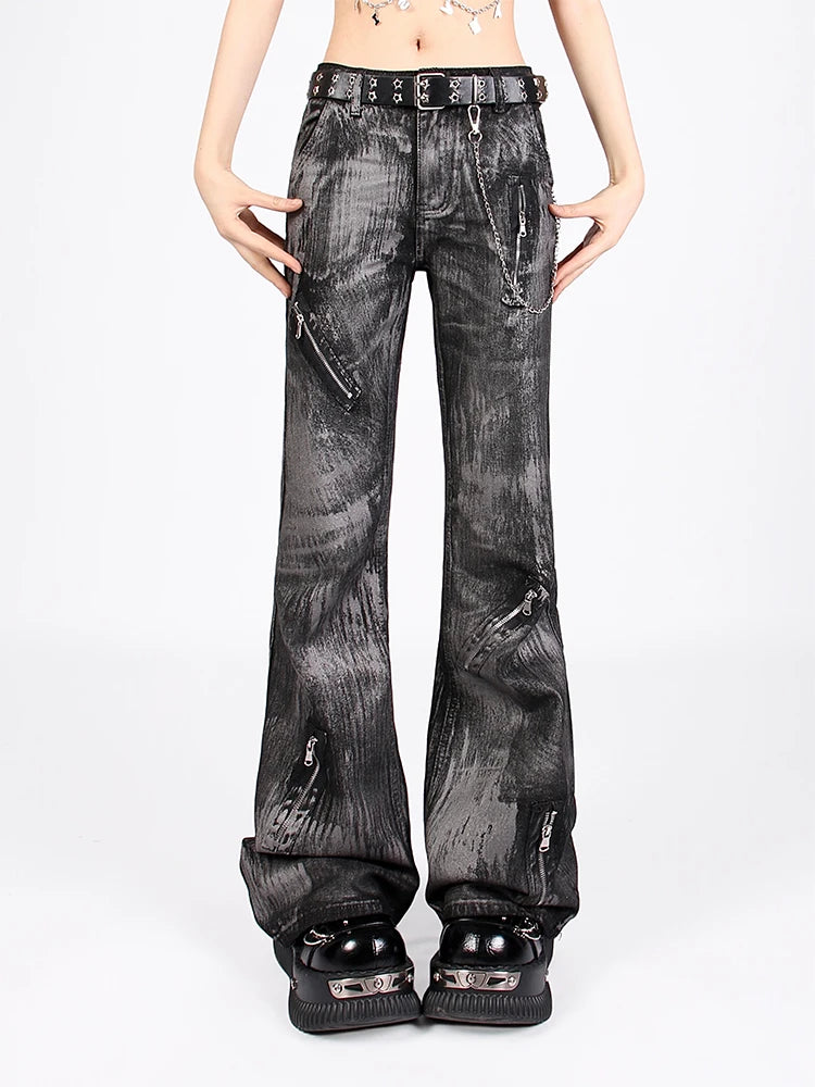 Women Goblin Core Cyber Punk Grunge Denim Pants 2000s Tie Dye Long Trousers Jeans Y2k Japanese Streetwear Gothic Dark Academia