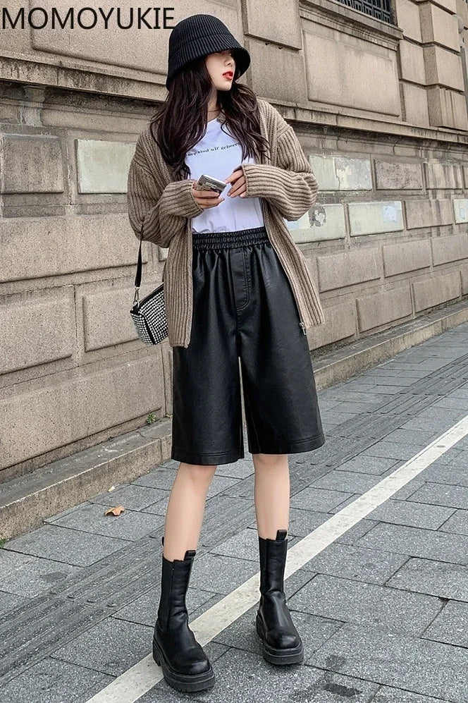 S-3XL PU Leather Shorts Women's Autumn Winter New 2021 high waist elastic Loose Five Points Leather Trouser clothes Shorts