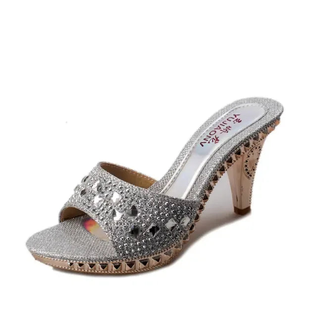 Summer Women Sandals Rhinestone Women Shoes Sexy High Heels Shoes Women Sandalias Gold Silver Women Slippers Heeled Sandals Sexy