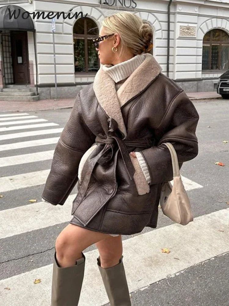 Vintage Women's Faux Wool Leather Coat with Belt Loose Lapel Pocket Long Sleeve Female Overcoat 2024 Winter Lady Warm Streetwear