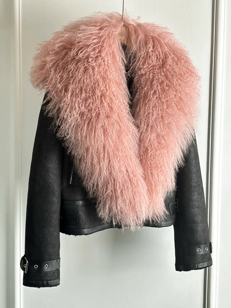 Janveny Luxury Natural Mongolian Sheep Fur Coat Women Winter Short Faux Leather Jacket Female Moto Biker Thick Outwear