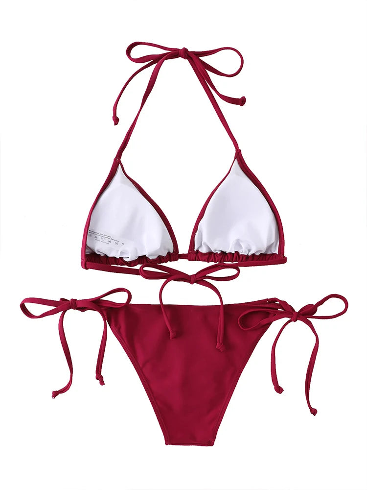 Ensemble de bikini string pour femmes, maillot de bain sexy à lacets sur le côté, bandage, cravate au cou, maillot de bain réglable, style brésilien, sous-vêtements