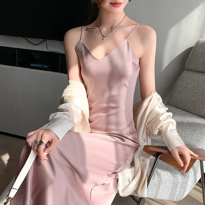 Women Long Dress Spaghetti Strap V-neck Sleeveless Sexy Summer Solid Color Mid-calf Skinny Dresses Inner Cloth