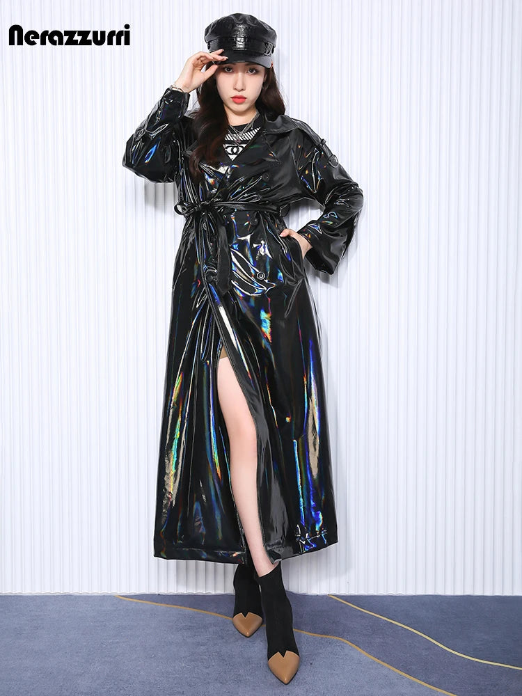 Nerazzurri Autumn Extra Long Black Holographic Shiny Reflective Stretchy Soft PVC Leather Trench Coat for Women European Fashion