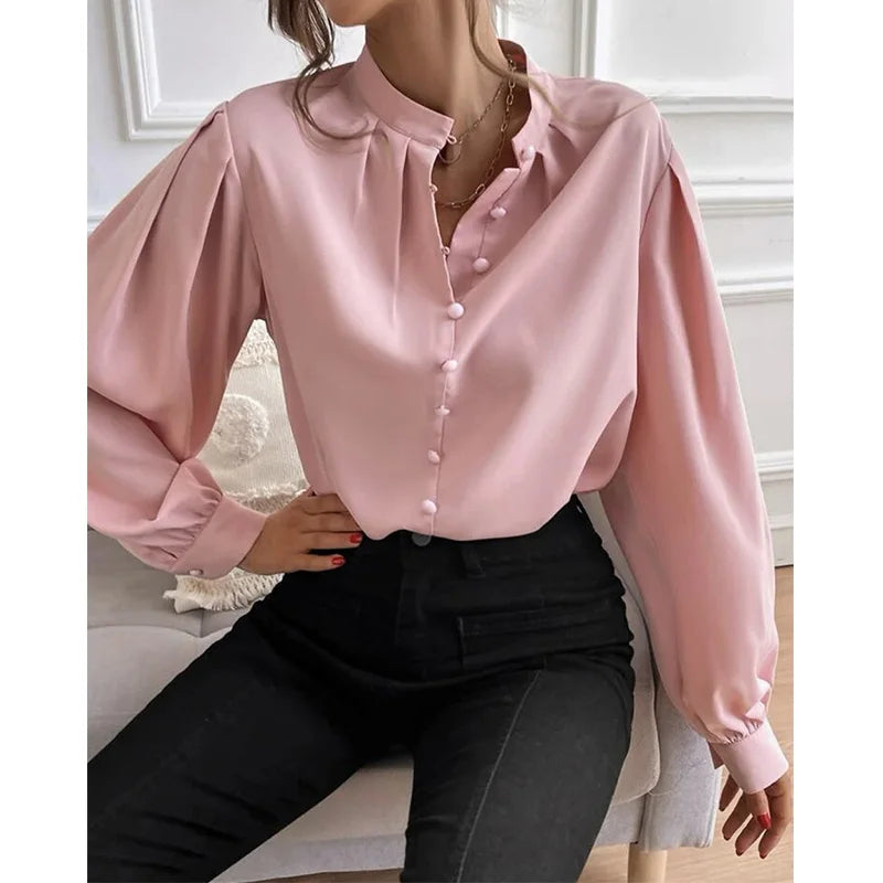 Elegant Temperament Female Clothing Solid Loose Fitting Lantern Long Sleeves Blouse Half Open Collar Pleated Pullover Shirt