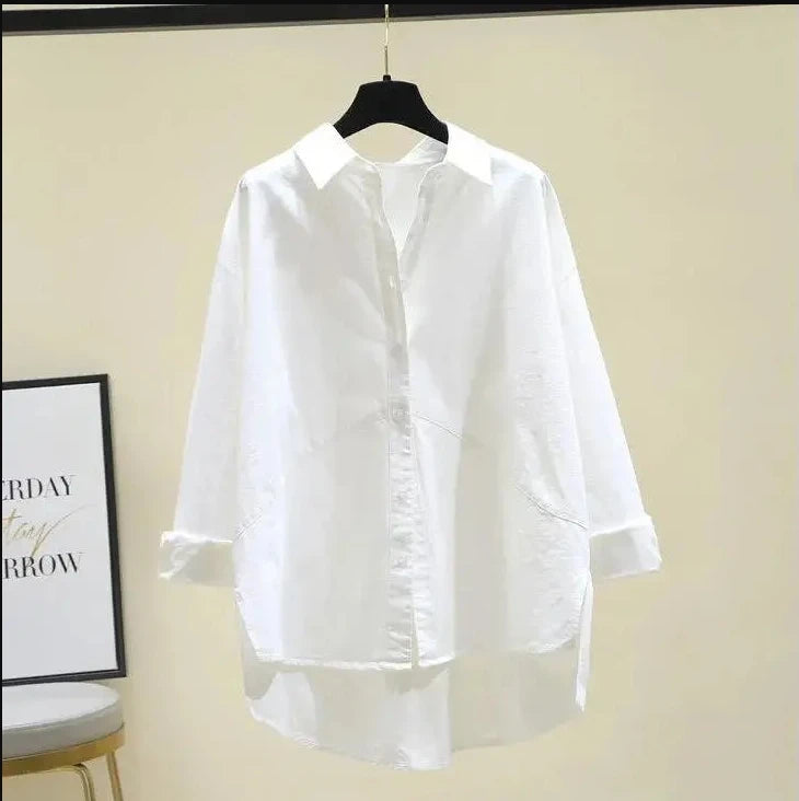 Spring 2022 Female KPOP Fashion Style Cotton Oversized Loose Casual Lapel Buttons Asymmetrical Solid Long Sleeve Shirt Blouse