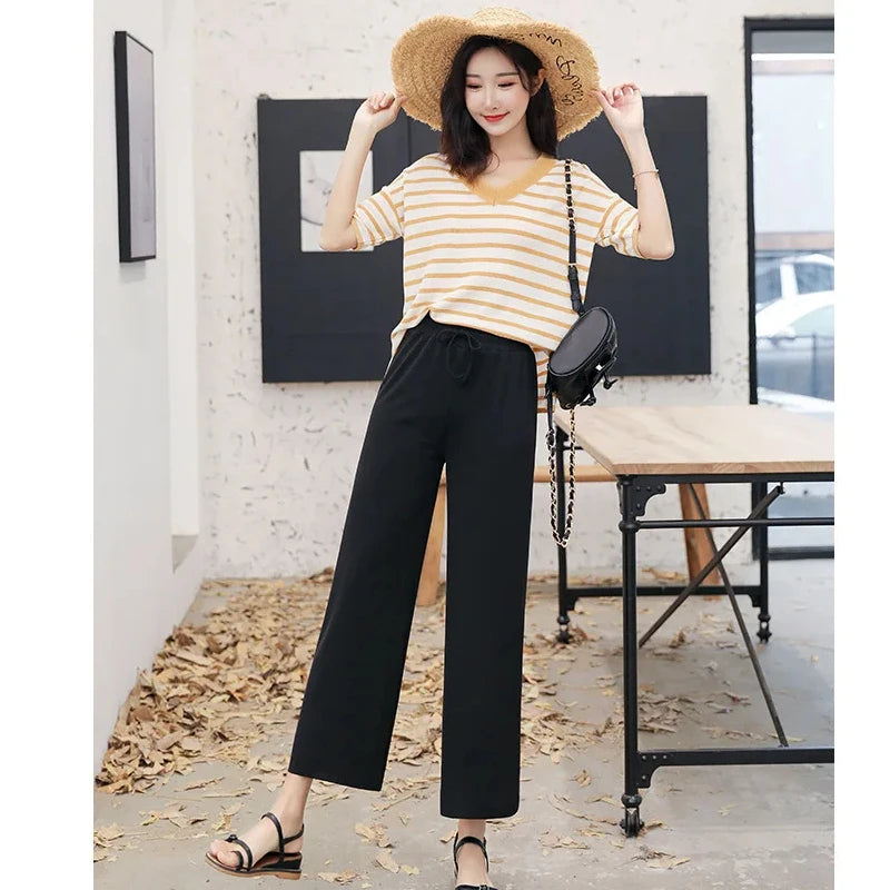 Women Wide Leg Long Pants Casual Solid Elastic Waist Loose Ankle-Length Ice Silk Pants Spring Summer Straight Female Trousers