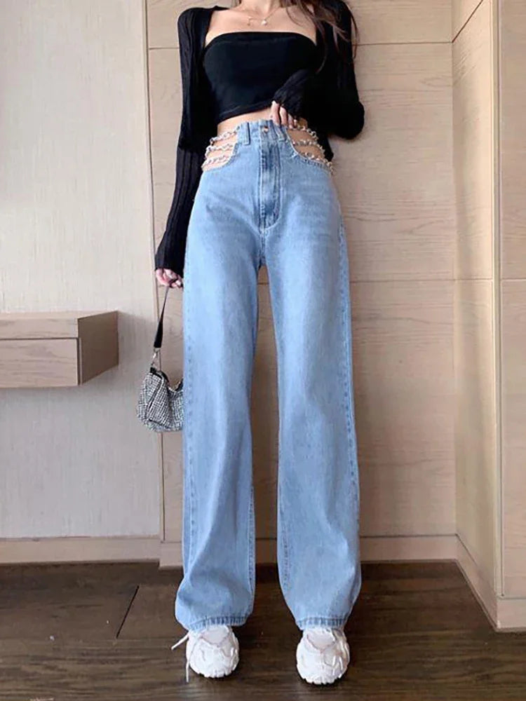 Jean sexy ajouré à chaîne pour femme, pantalon d'été en denim droit, taille haute, ample, style Harajuku, mode coréenne Y2K