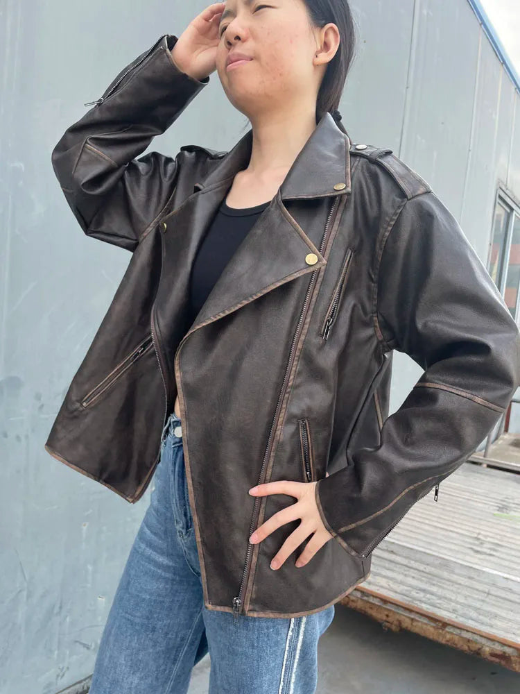 RR2478 Streetwear Worn Effect Bike Leather Jackets For Women Oversized Boyfriend PU Leather Jacket Women Loose Zipper Brown Coat