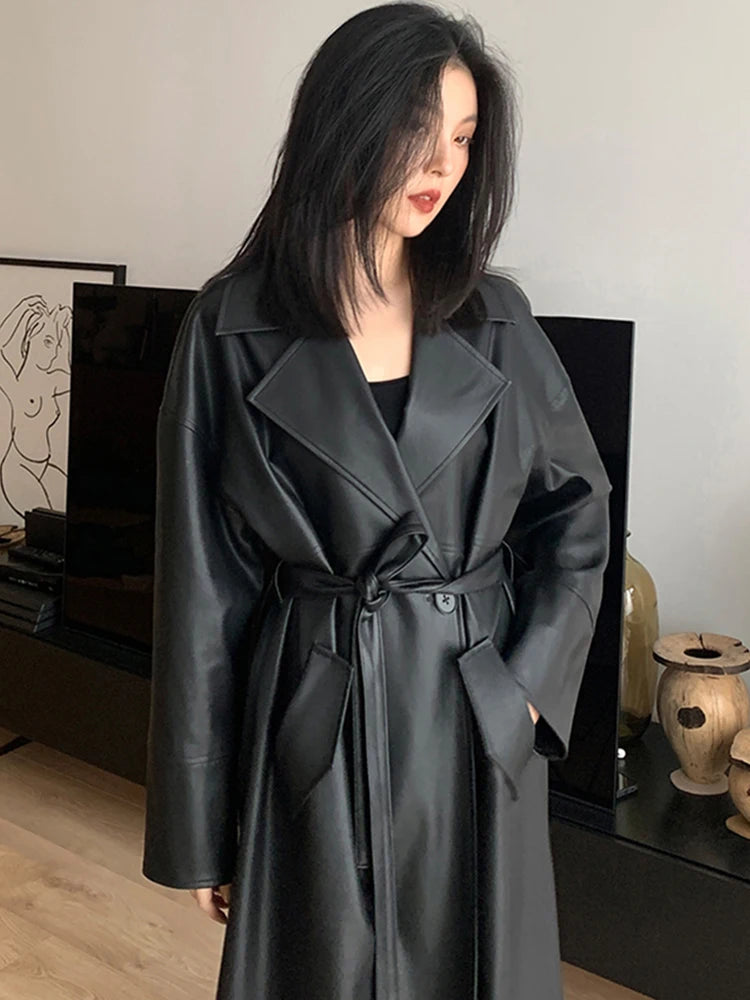 Lautaro-Long Black Leather Trench Coat for Women, Oversized Sashes, Single Button, Loose Stylish, Korean Fashion, Spring