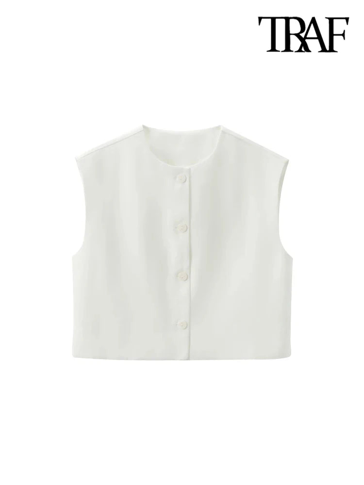 TRAF-Front Button Cropped Waistcoat for Women, O Neck, Sleeveless, Female Outerwear, Chic Tops, Fashion