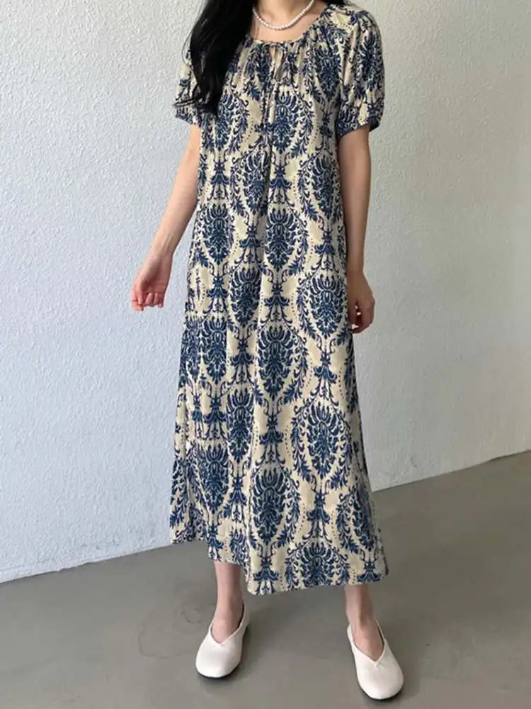 ZANZEA Puff Sleeve Loose Maxi Dress Vintage Printing Summer Vestidos Women Lace Up O-neck Robe Fashion Casual Holiday Dresses