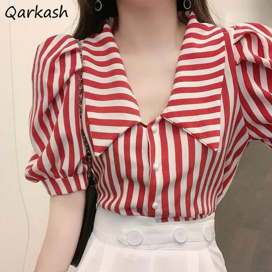 Striped Shirts Women Vintage Elegant Puff Sleeve Summer Office Lady Temper Camisas European Ins Y2k Clothes Designer High Street