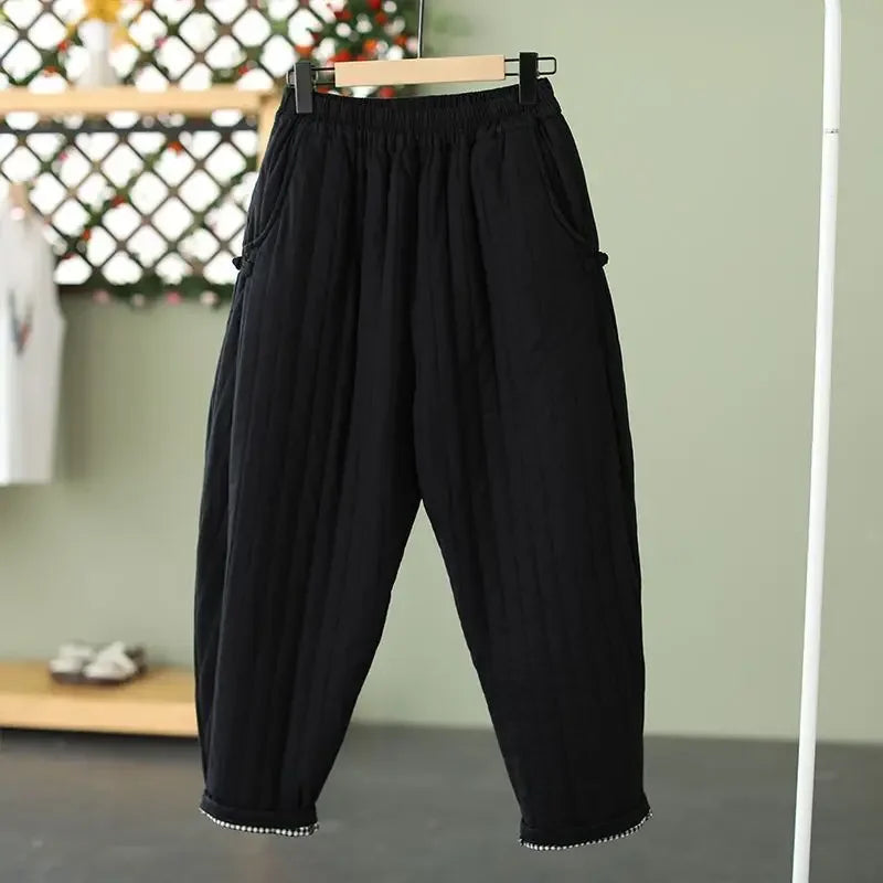 Pantalon d'hiver chaud en coton épais et rétro pour femme, taille élastique, ample et décontracté