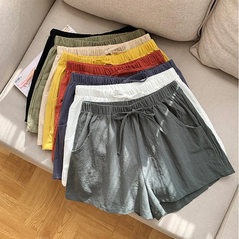 Short en coton et lin pour femme, short de sport, taille haute, uni, noir, mode, décontracté, basique