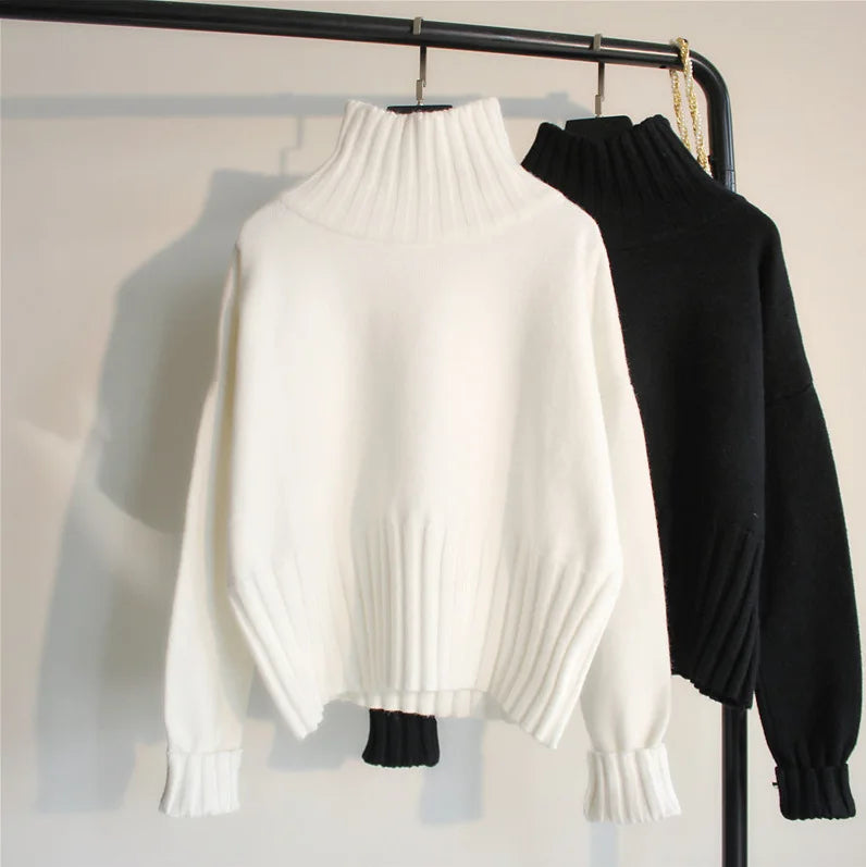 Turtleneck Sweater Coats Autumn Women Long Lantern Sleeve White Black Knitted Pullover Tops PYMY-MY924