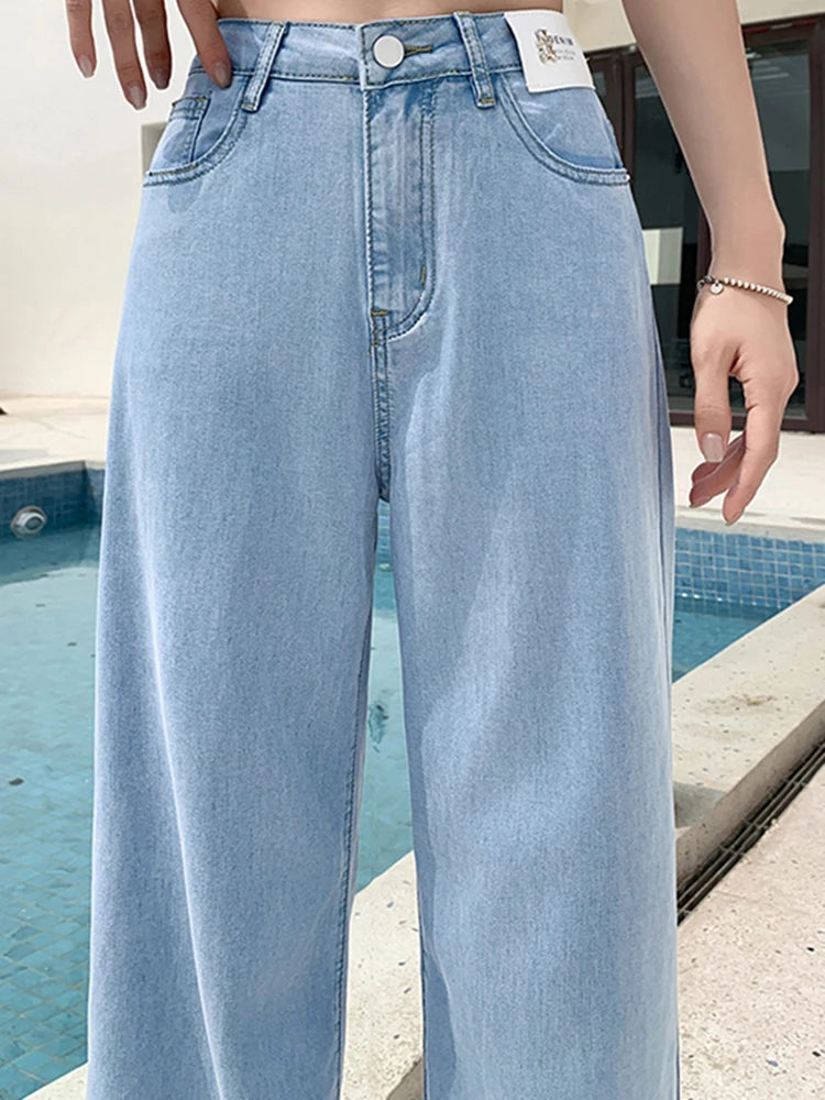 Summer Thin Woman High Waist Trousers Female 2024 New Ice Shreds Loose Washed Streetwear Jeans Black Blue Lyocell Wide Leg Pants