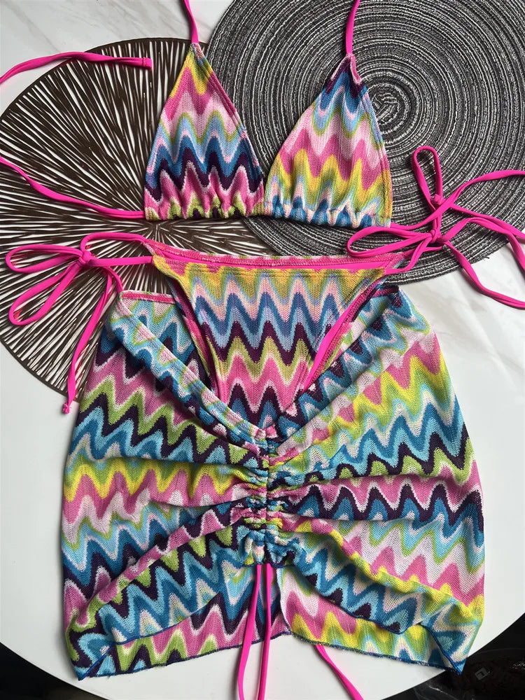 Maillot de bain pour femme, jupe de bikini tricotée à feuilles d'érable colorées, ensemble trois pièces, maillot de bain fendu, bikini