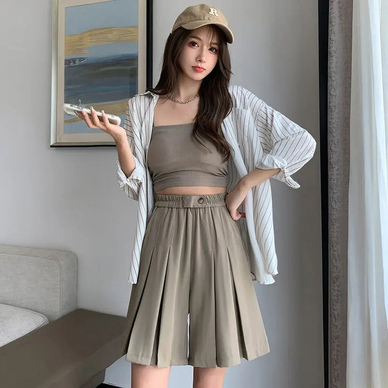 Pleated Shorts Women Baggy Summer Casual Fashion Korean Style Elegant Office Lady All-match Elastic Waist Vintage Ins Streetwear