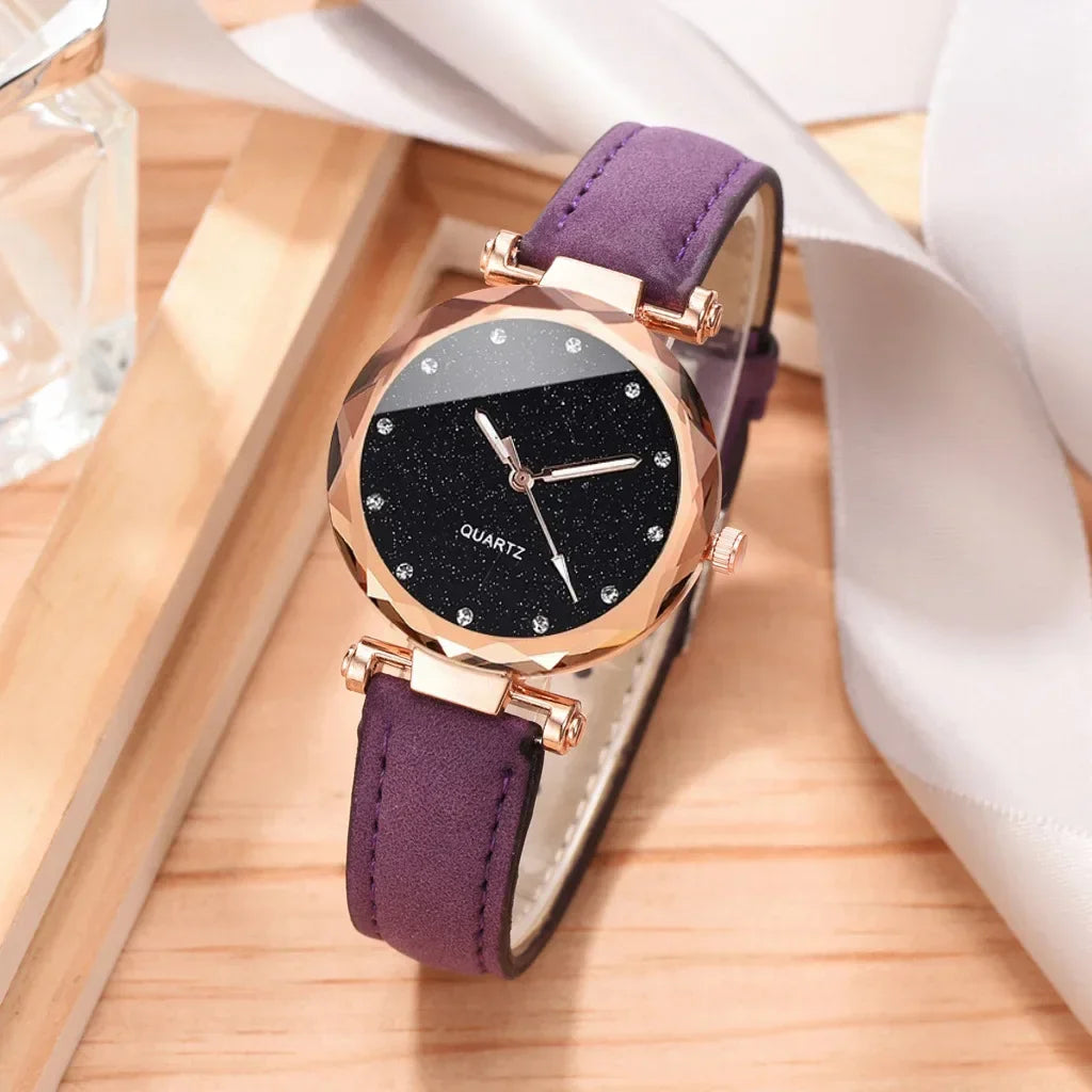 Ensemble de montres de luxe pour femmes, 2 pièces, bracelet en cuir PU, montre-bracelet à quartz pour dames, strass, bracelet en alliage or rose pour dames, cadeau