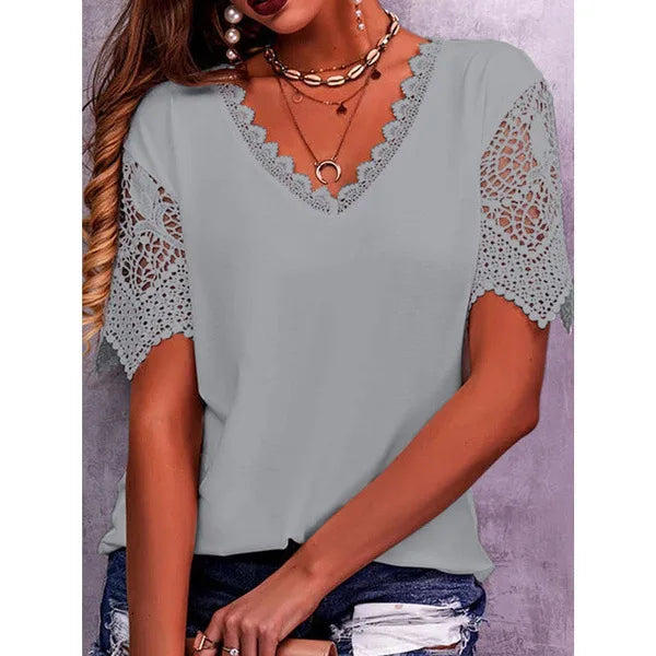 Sexy V Neck Short Sleeve Shirt Blouse Office Lady Spring Summer Fashion Elegant Solid Lace Hollow Out Shirts For Women 2023 Tops