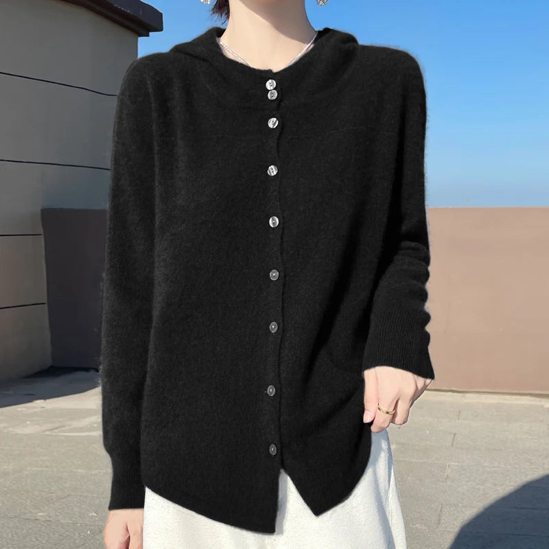 Fall/Winter 2024 new women's cardigan 100% pure wool solid color hooded collar cashmere fashion loose plus size sweater coat