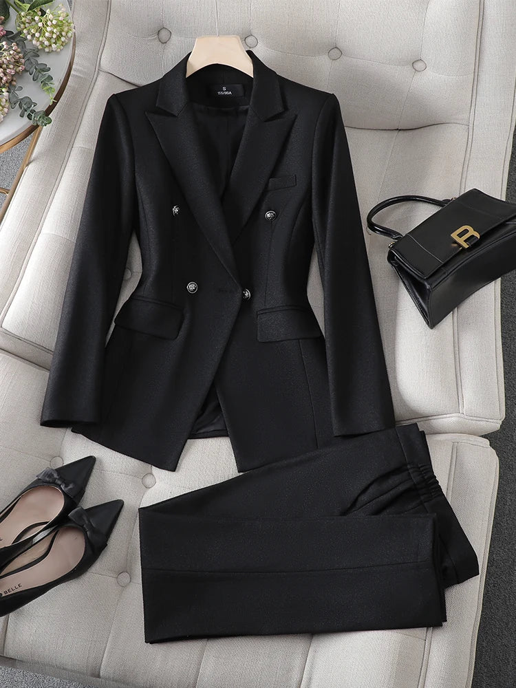 Gray Black Blue White Women's Pant Suit Long Sleeve Solid Ladies Blazer and Trouser Formal 2 Piece Set For Autumn Winter