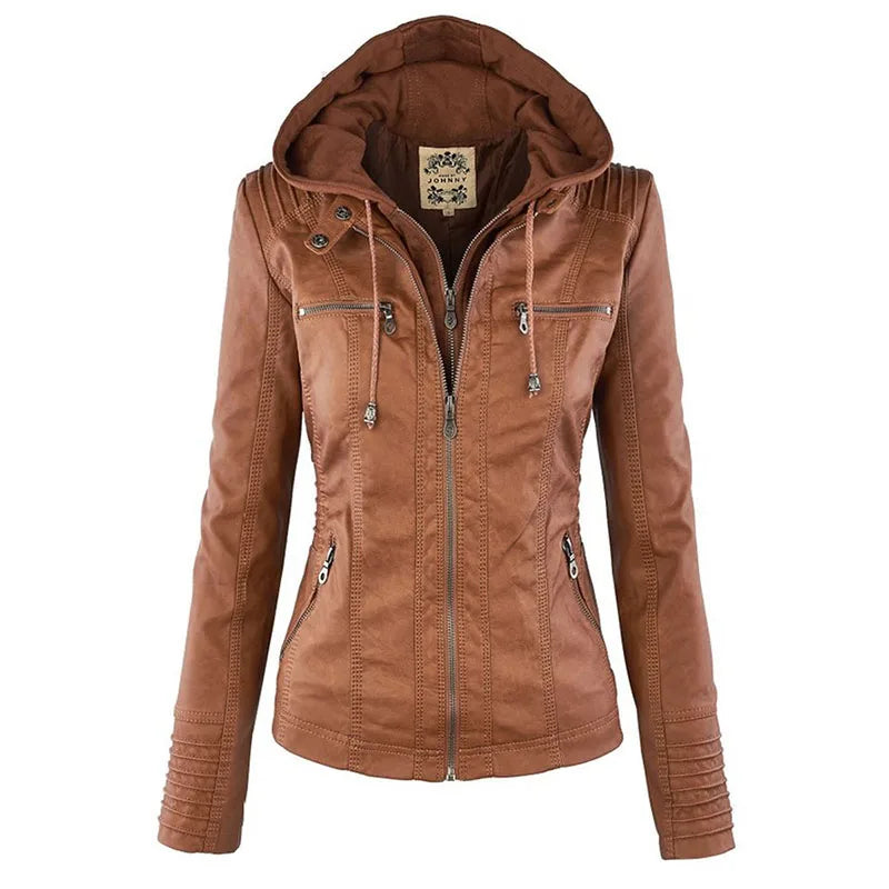 Faux Leather Jacket Women 2022 Khaki Winter Motorcycle Jacket Gothic Hoodies Outerwear Faux Leather PU Basic Jacket Coat