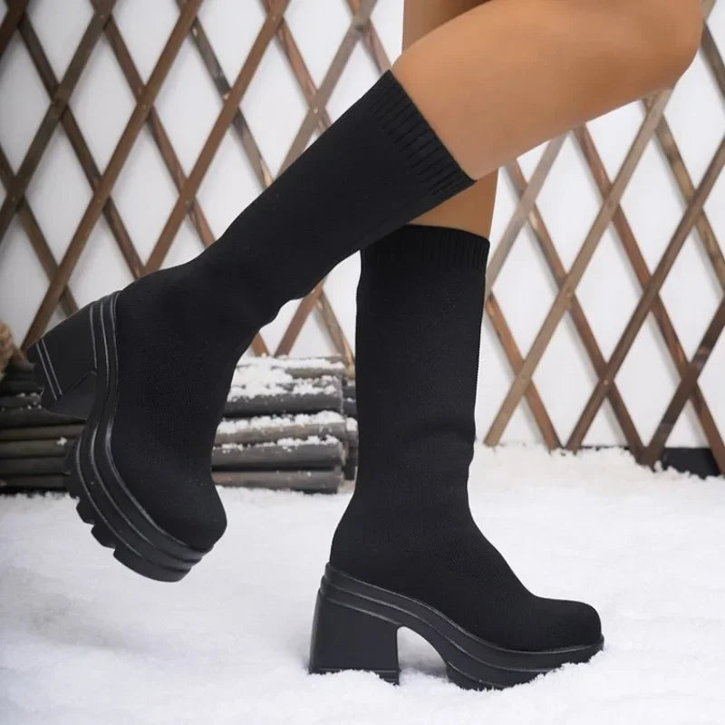 Large Size Women's Shoes Fashionable Long Boots with Thick Soles Square Heels Thin and Slim Sleeves Elastic High Heels Long Boot