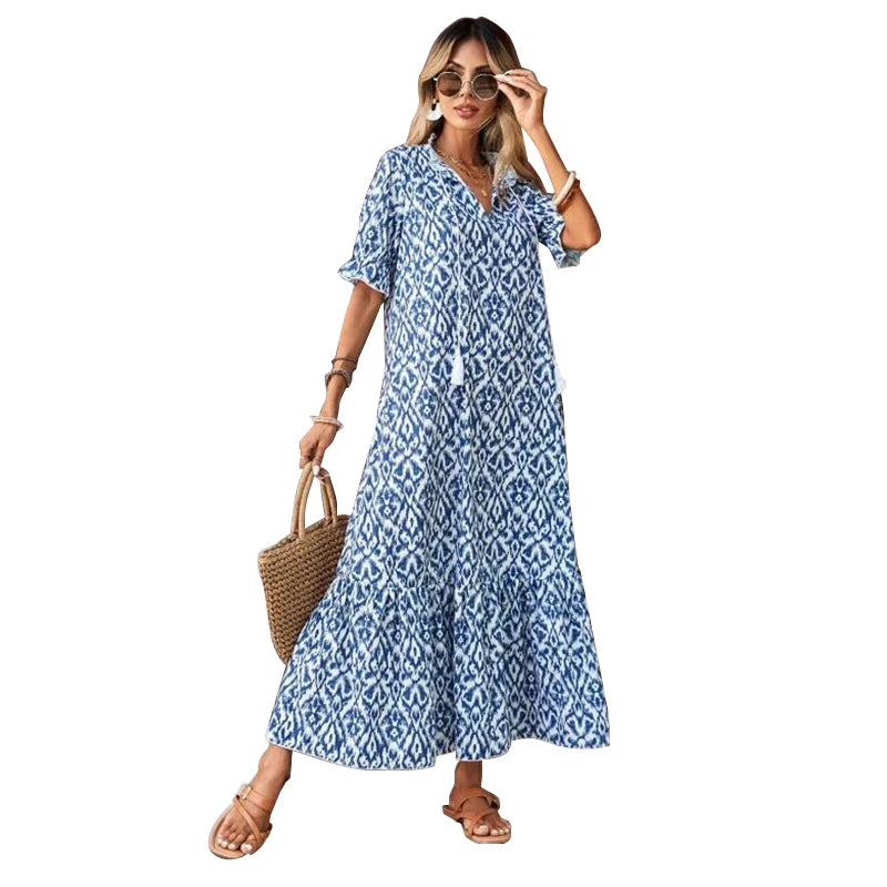 Printemps Été Boho Femmes Maxi Robe Décontractée À Manches Courtes A-ligne Volants Plage Femme En Mousseline De Soie Robes Florales Robes Mujer