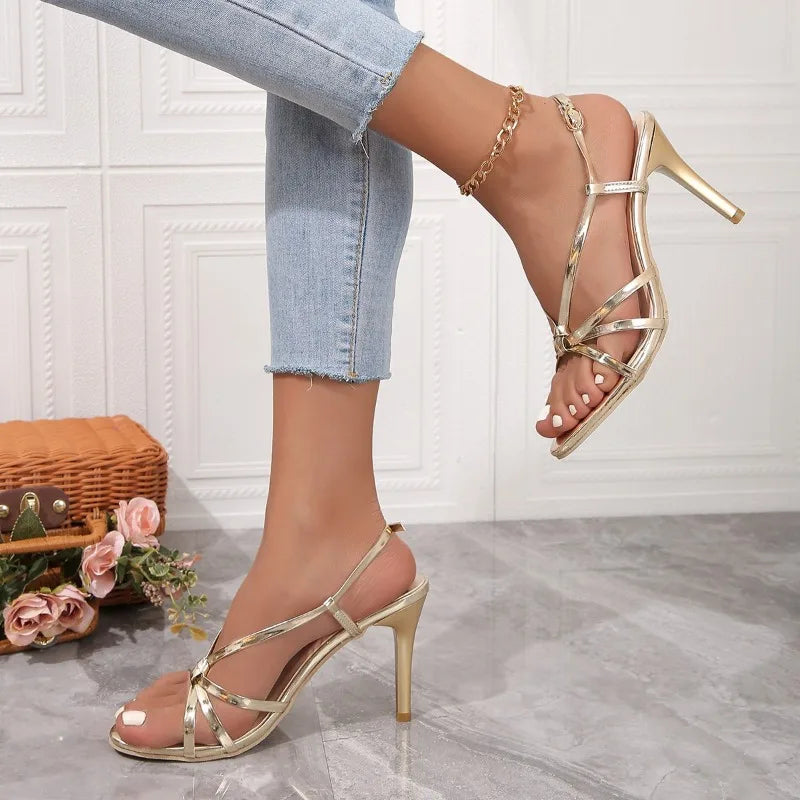 Sandals Women's Shoes Summer 2024 High Heels Stiletto Elegant Party Stripper Fashion Sexy Gold Designer