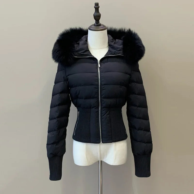 Fur Hooded High Street Short Down Jackets Zipper Fashion Slim Parkas Elegant Ladies Thick Outerwear Casual Black Coats For Women