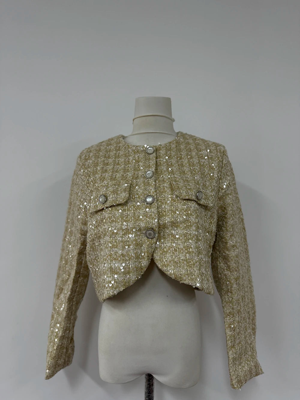 Temperament Sequin Coarse Tweed Jacket Women Korean Fashion Round Neck Single Breasted Celebrity Spring Chic Gentle Sweet Coat