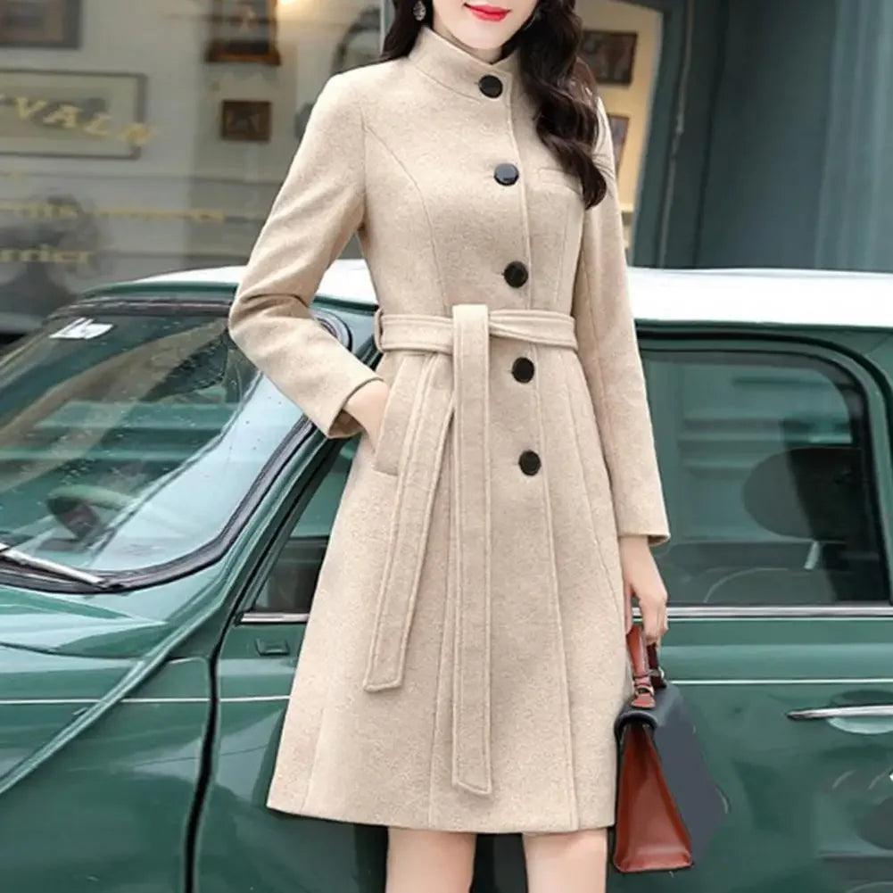 Trendy Women Outwear Long Sleeve Super Soft Women Woolen Coat  Slim Fit Belt Trench Coat