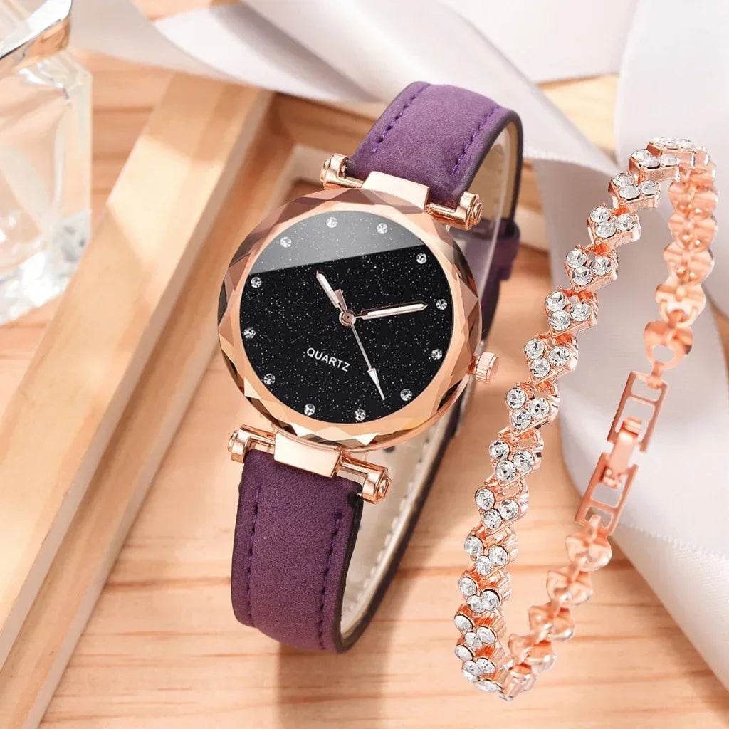 Ensemble de montres de luxe pour femmes, 2 pièces, bracelet en cuir PU, montre-bracelet à quartz pour dames, strass, bracelet en alliage or rose pour dames, cadeau