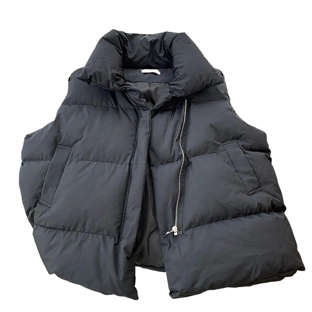 Gilet matelassé d'hiver en coton à col montant, confortable, simple, couleur unie, polyvalent, rembourré, avec cordon de serrage, vêtements pour femmes