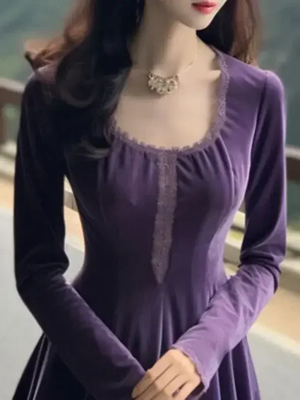 Gagarich Korean Purple Golden Velvet Dress Women 2025 Spring Autumn New French Retro Style Waist Wrapped Slim A-line Vestidos