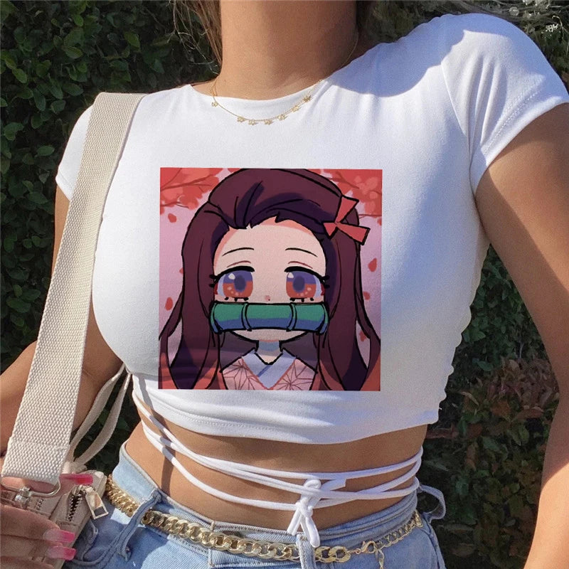 T-shirt imprimé anime Demon Slayer pour femme, ample, respirant, hip-hop, personnalité, été, bandage, T-shirts